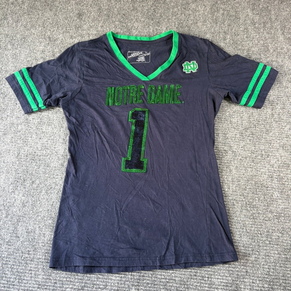Campus Heritage Notre Dame Fighting Irish Sequin V-Neck Shirt Navy Green Large